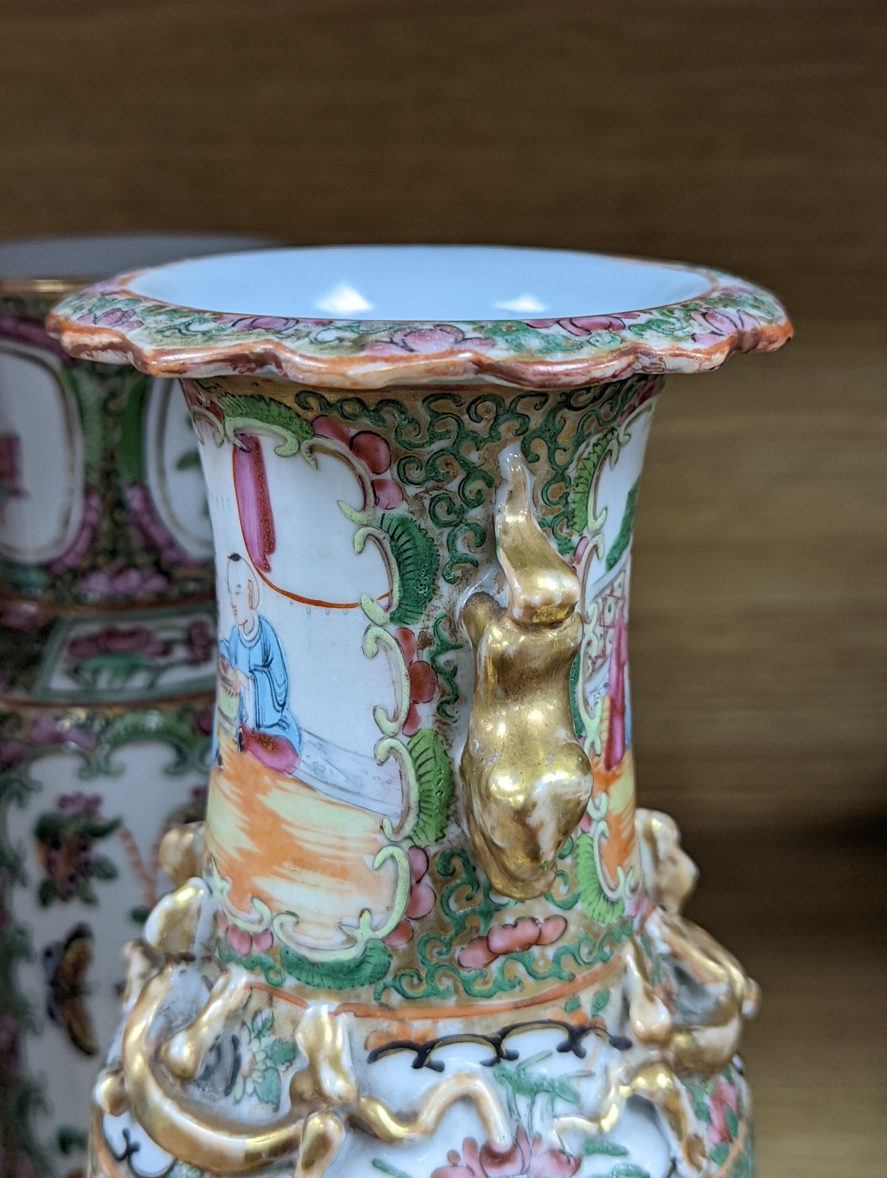 Two Chinese famille rose vases, late 19th century, tallest 26 cm, one wood stand, some restoration